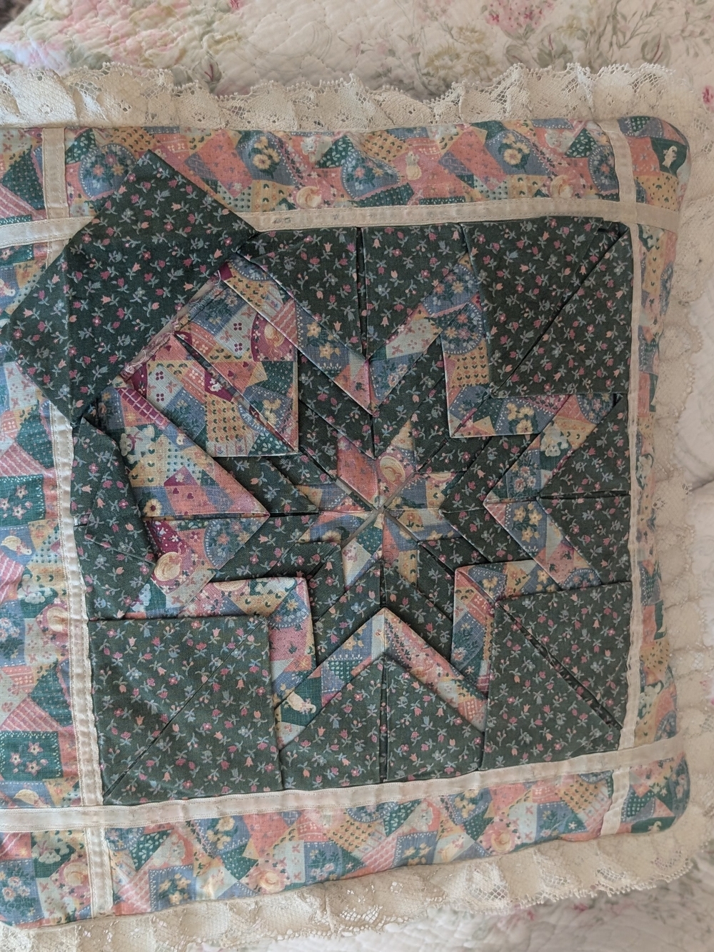 Vintage Hand Made Quilted Decorative Throw Pillow in Green and Pastel Patchwork